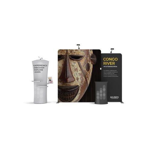 Fabric tension exhibition pack including printed display walls, counter, bannerstand with shelves and light-kit.