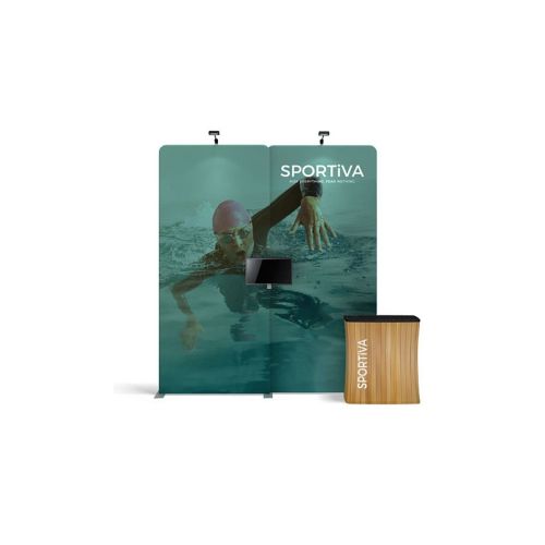 Fabric tension exhibition pack including printed display walls, case counter, tablet bracket and light-kit.