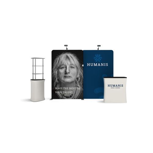 TubeLoc fabric tension exhibition pack including printed fabric straight display wall, case counter, triangular shelf display