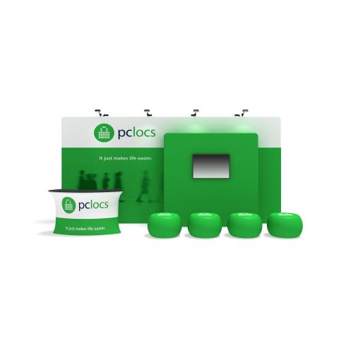 TubeLoc fabric tension exhibition pack including printed fabric straight display walls, inflatable ottoman, curved counter