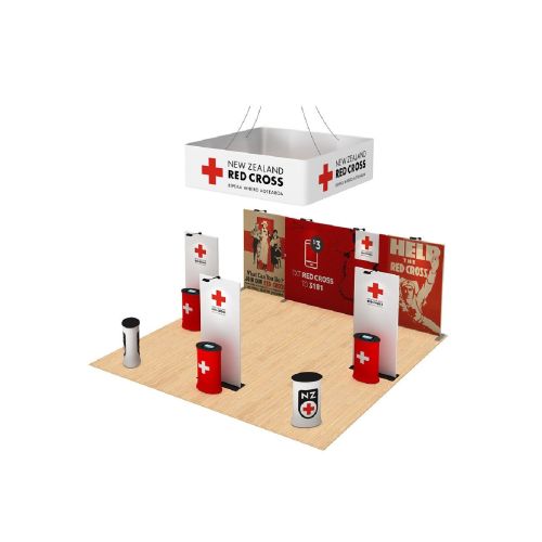 TubeLoc fabric tension exhibition stand pack including printed display walls, square overhead hanging display, display counter