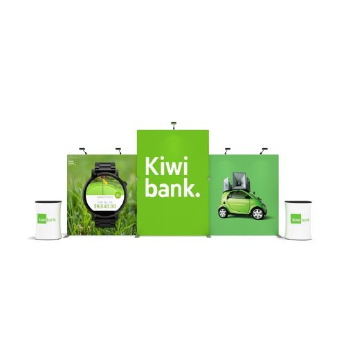 TubeLoc fabric tension exhibition pack including printed fabric straight display walls, slimline display counter and lights.