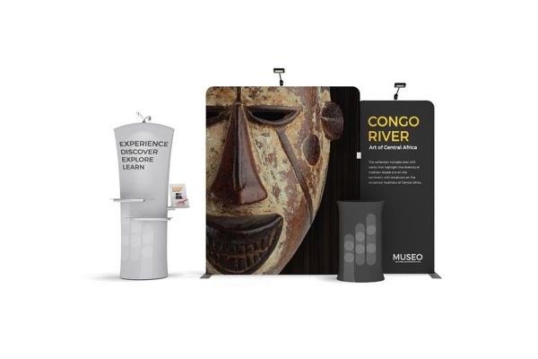 Fabric tension exhibition pack including printed display wall, counter, bannerstand, shelves and light-kit.