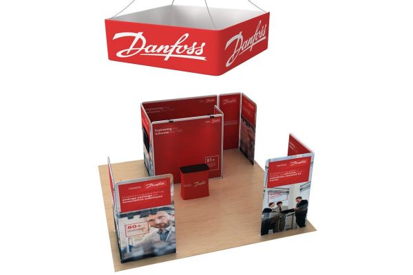TubeLoc fabric tension exhibition stand pack including printed fabric straight display walls, case display counter, square over